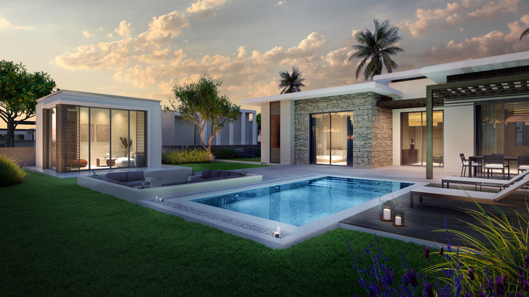 Raya Villa – terras en zwembad bij zonsondergang