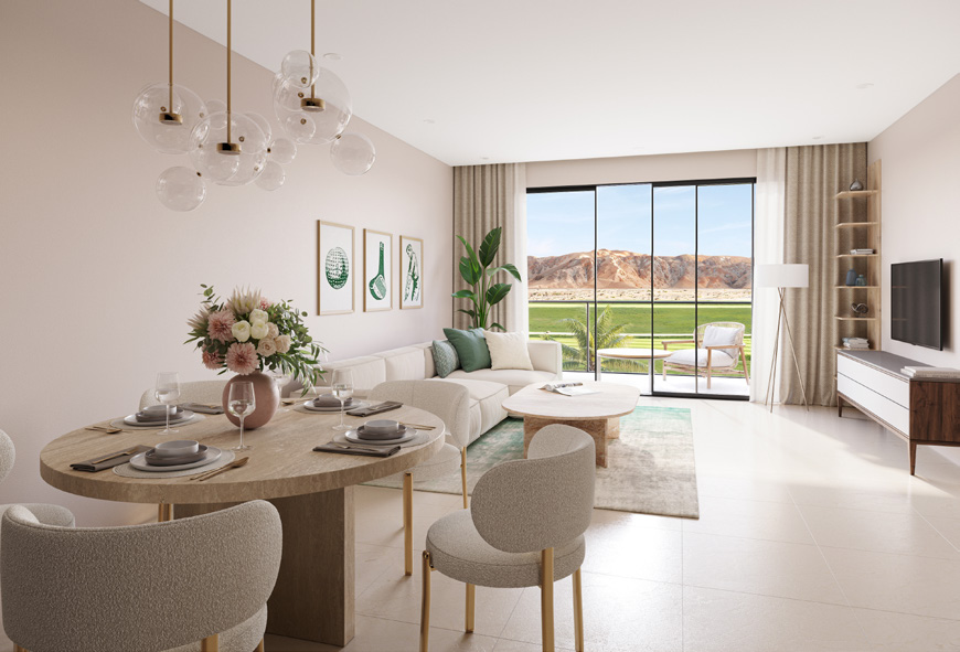 Solaris – woonkamer en eetkamer met uitzicht op golfbaan